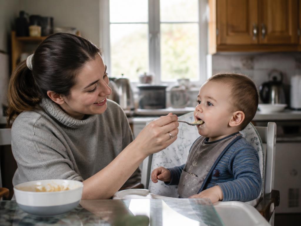 Mãe alimentando bebê que passou a ganhar peso com alimentação vegetariana estruturada