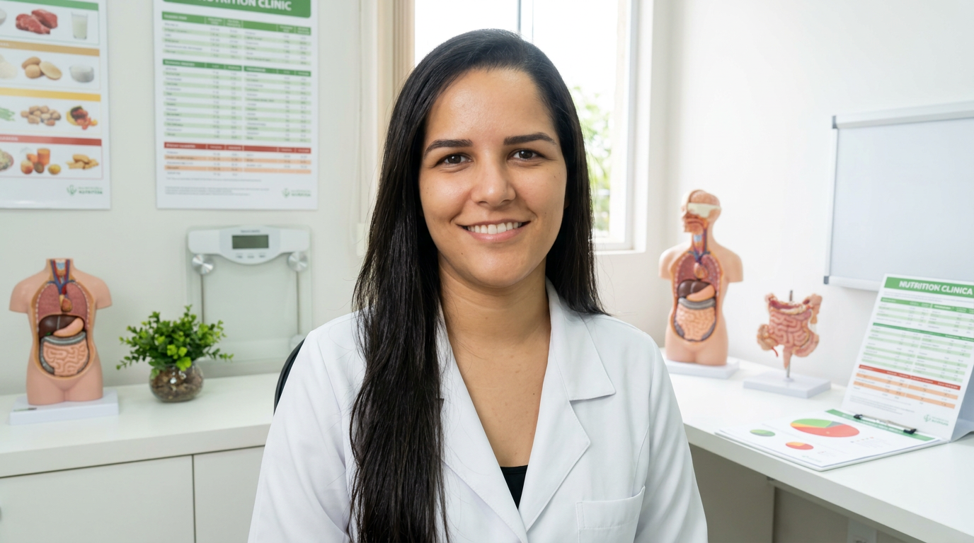 Dra. Mariana de jaleco branco em consultório de nutrição